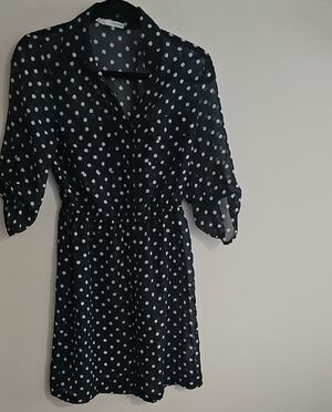 Small Polka Dot Sheer Navy Collared Shirt Dress